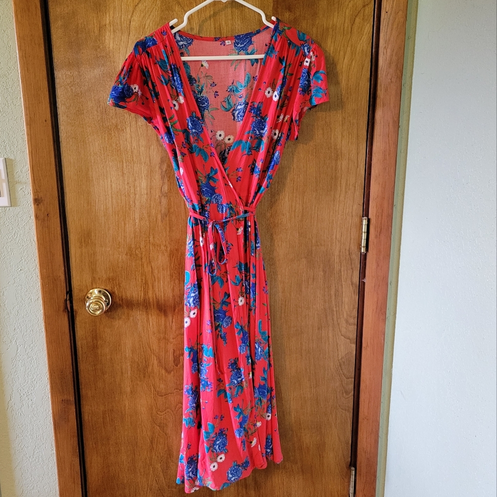 Women's Red Floral Wrap Dress. Size M